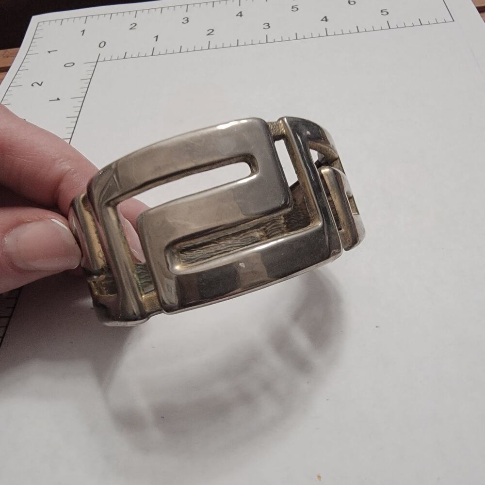 Vintage Silver-Tone Hinged Bangle Bracelet w/ Cutout Panel, Approx. 2.7" Wide